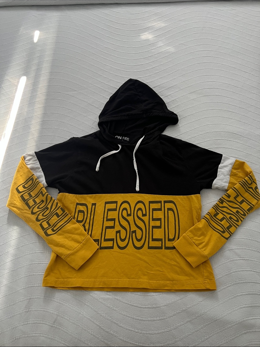 On Fire Black & Mustard Colorblock 'BLESSED' Hooded Tee